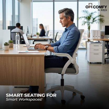HAVAI Aero Grey Ergonomic Office Chair | Premium Net Cloth Fabric | Reclining &amp; Folding Back | 60D Recycled Foam + 24D Virgin Cotton | Nylon Armrests | Class 2 Gas Lift | 310 Nylon Base | 2-Inch Smooth Wheels | Grey