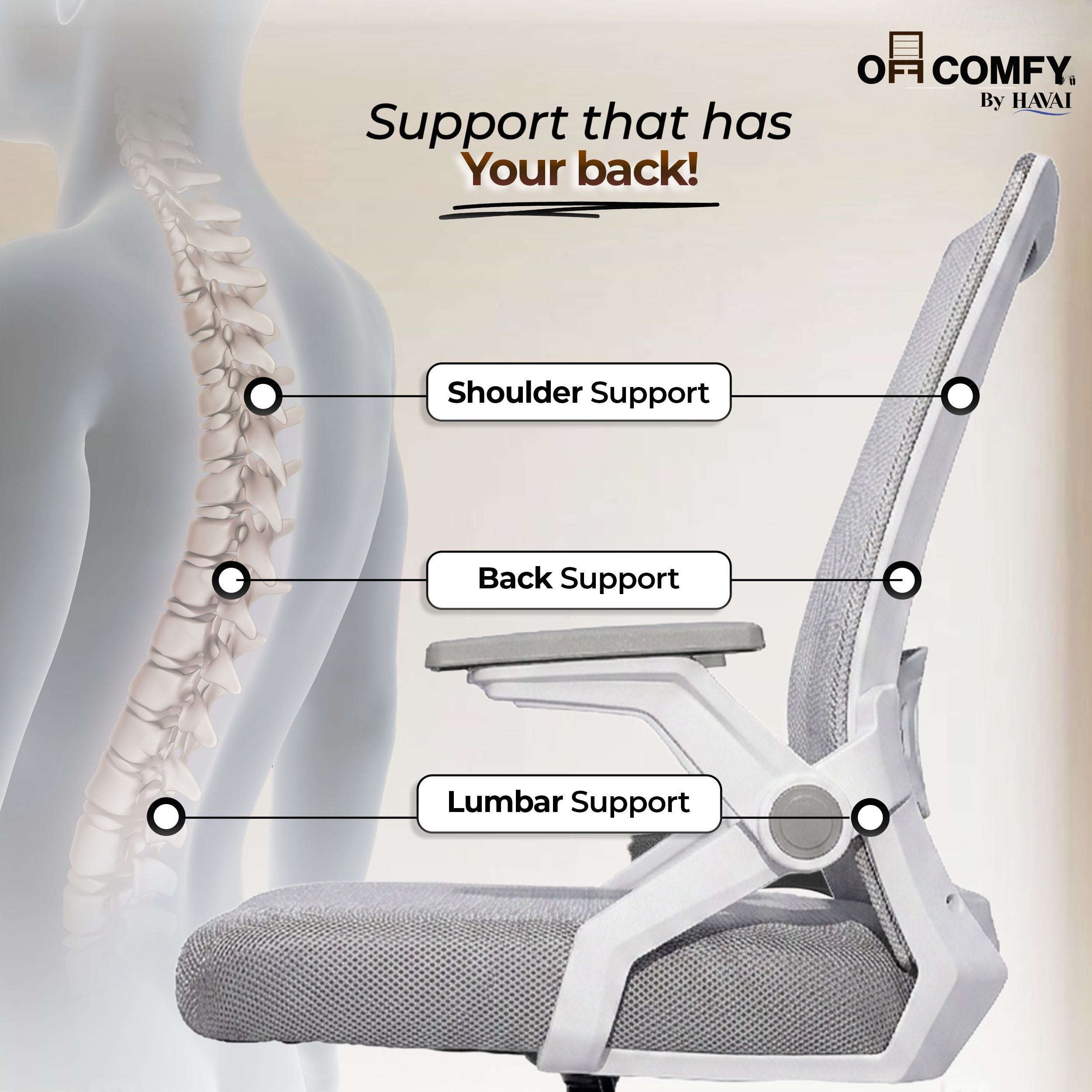 HAVAI Airon Ergonomic Office Chair with Mesh Back | Executive Computer Chair with Reclining &amp; Folding Function | Nylon Armrests | Class 2 Gas Lift | Plywood Base Support | Grey Seat | WFH &amp; Office Use | (Grey)