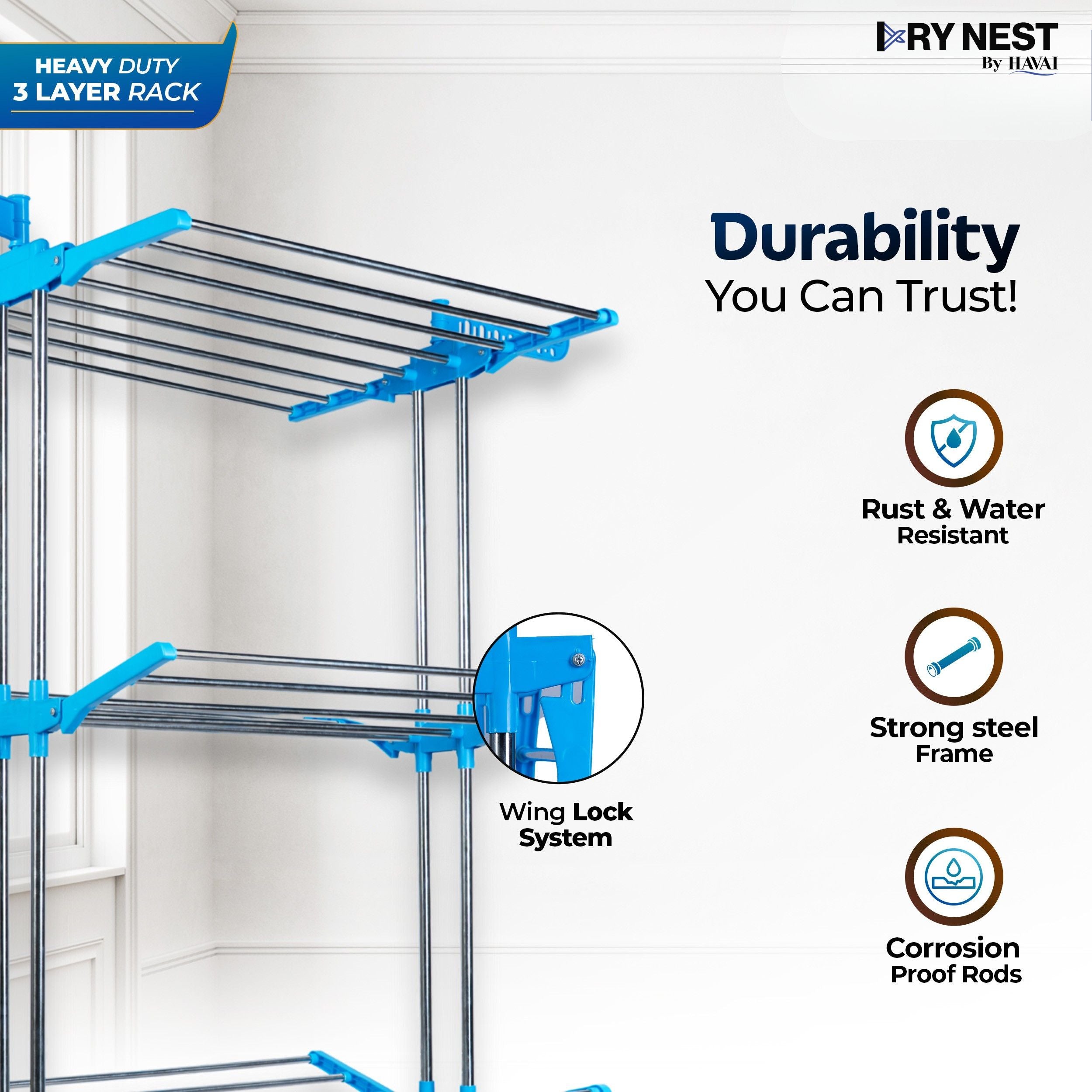 DryNest by Havai - 4.6 KG Premium Clothes Drying Stand with Wheels | Heavy-Duty Rust-Free Steel &amp; Strong Steel Rods | 3-Layer Foldable Jumbo Rack with 24 Hanger Rods | Portable &amp; Balcony-Friendly