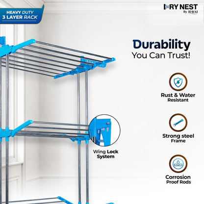 DryNest by Havai - 4.6 KG Premium Clothes Drying Stand with Wheels | Heavy-Duty Rust-Free Steel &amp; Strong Steel Rods | 3-Layer Foldable Jumbo Rack with 24 Hanger Rods | Portable &amp; Balcony-Friendly