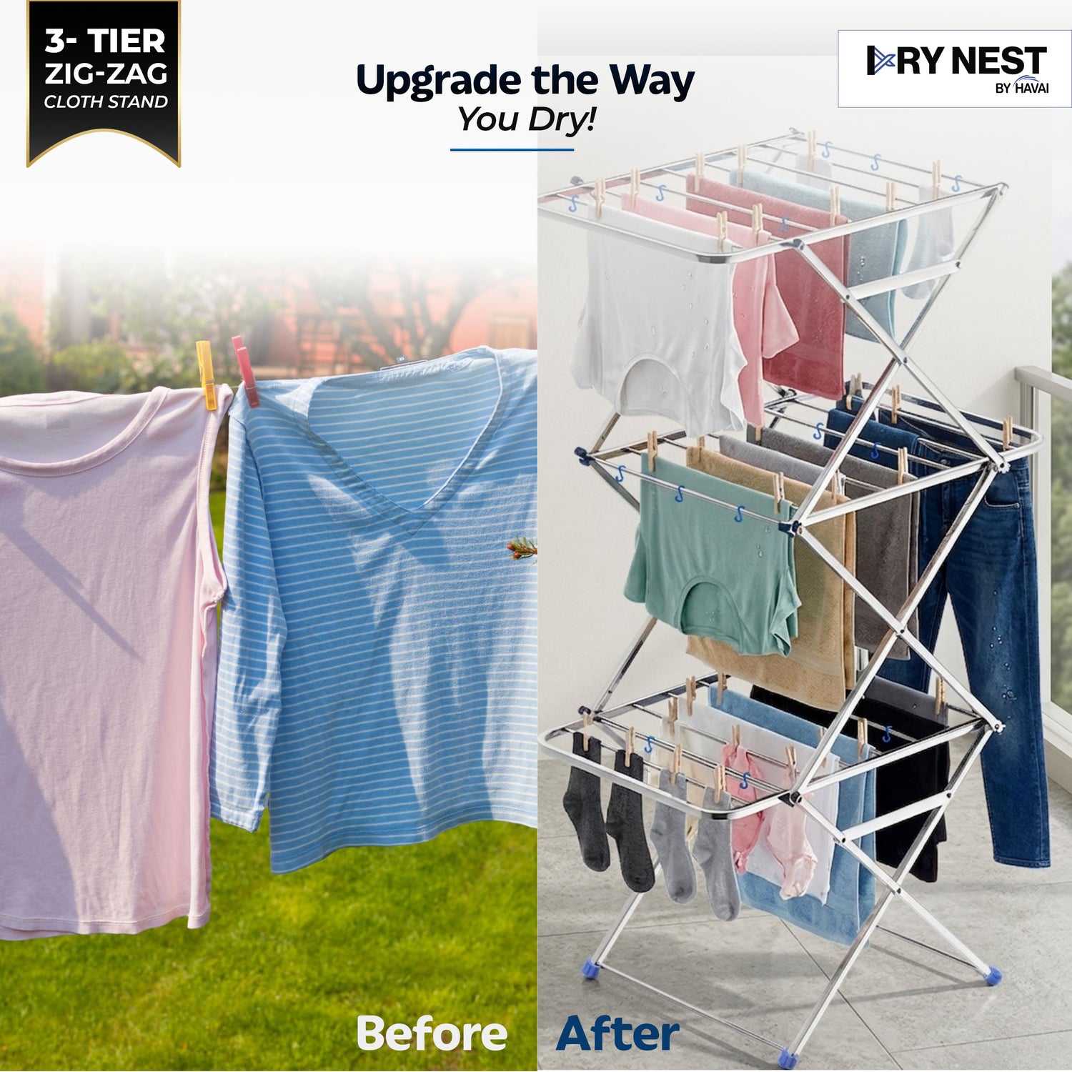 HAVAI DryNest 4.5 KG Heavy Duty Clothes Drying Stand | 40 KG Load Capacity | 3-Tier Zig-Zag Foldable Stainless Steel Airer | Rust Resistant Laundry Rack for Balcony, Indoor &amp; Outdoor Use