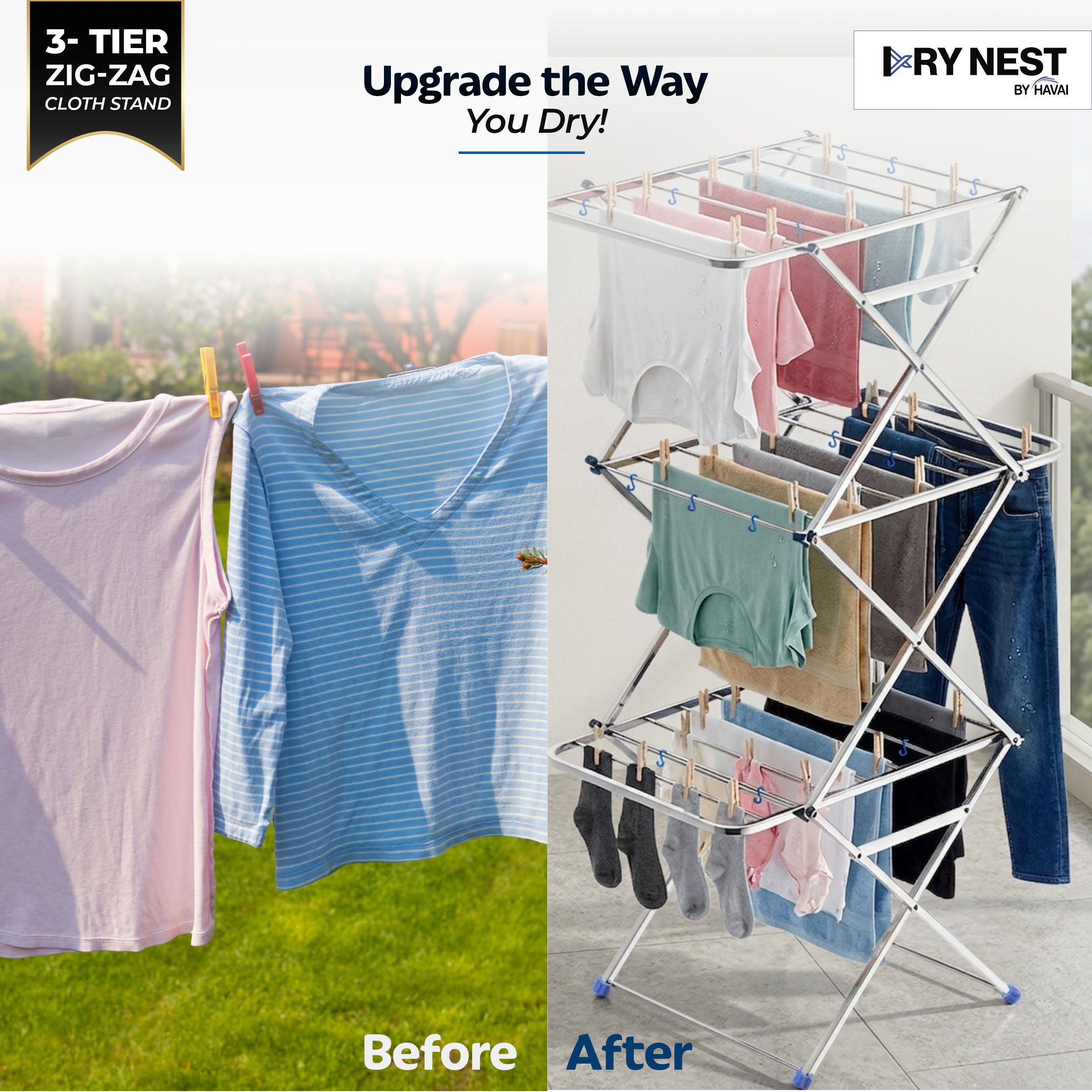 HAVAI DryNest 4.5 KG Heavy Duty Clothes Drying Stand | 40 KG Load Capacity | 3-Tier Zig-Zag Foldable Stainless Steel Airer | Rust Resistant Laundry Rack for Balcony, Indoor &amp; Outdoor Use