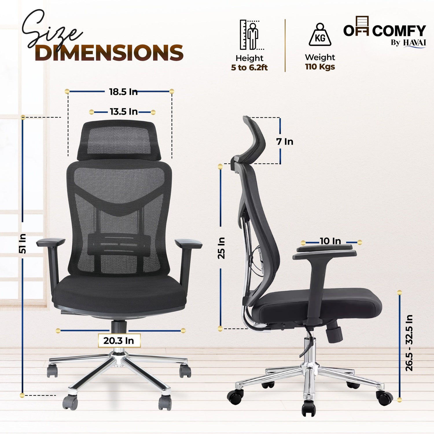 HAVAI Pulse High Back Ergonomic Mesh Office Chair |  Multi-Lock Tilt Mechanism | Chrome Base| Breathable Mesh Back | Fixed Headrest (Black)