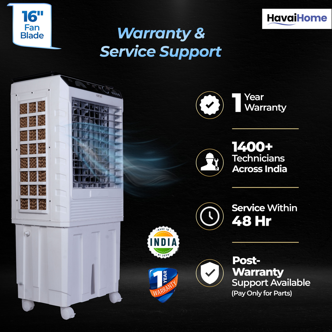 HAVAI Mighty 16 GT Glass Top Desert Air Cooler for Home &amp; Commercial Use | 16 Inch Fan, 100L Tank, 5190 m³/hr Air Delivery | 350 Sq Ft Coverage | Honeycomb Pads, Aluminium Motor, Low Noise | White &amp; Grey