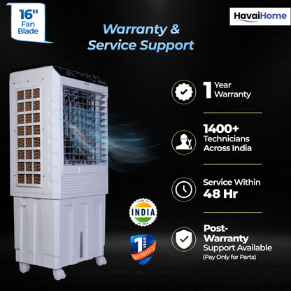 HAVAI Mighty 16 GT Glass Top Desert Air Cooler for Home &amp; Commercial Use | 16 Inch Fan, 100L Tank, 5190 m³/hr Air Delivery | 350 Sq Ft Coverage | Honeycomb Pads, Aluminium Motor, Low Noise | White &amp; Grey