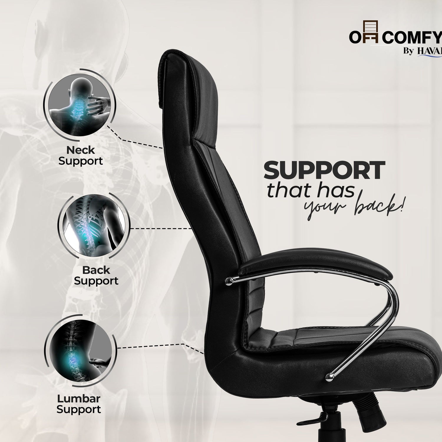 Nova High Back Office Chair | Premium Leather | Ergonomic Executive Chair with Single Lock Tilt Mechanism |  Chrome Steel Base &amp; Arms | Class 4 Gaslift | 50mm Casters  | High-Density Cushioned Seat &amp; Back (Black)