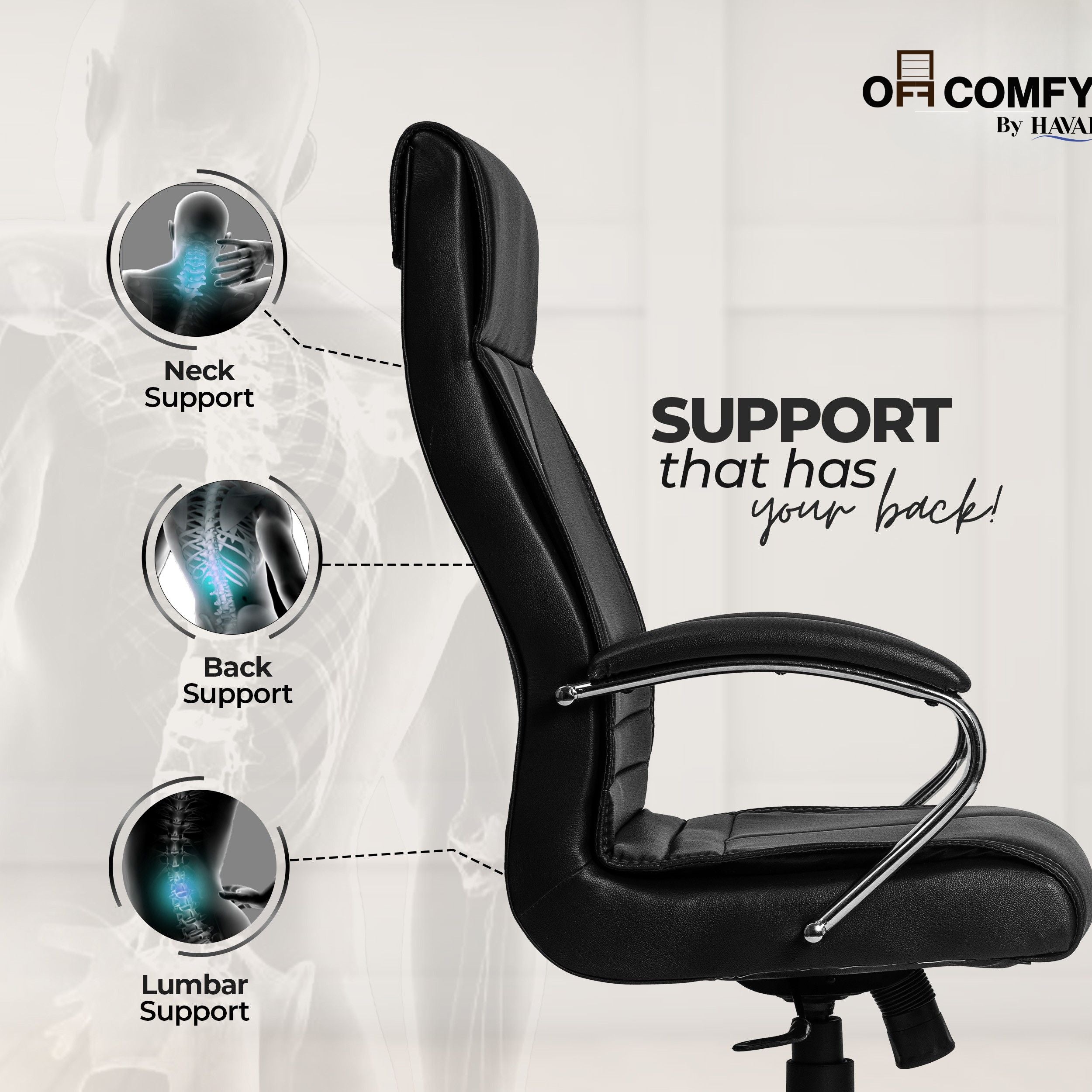 Nova High Back Office Chair | Premium Leather | Ergonomic Executive Chair with Single Lock Tilt Mechanism |  Chrome Steel Base &amp; Arms | Class 4 Gaslift | 50mm Casters  | High-Density Cushioned Seat &amp; Back (Black)