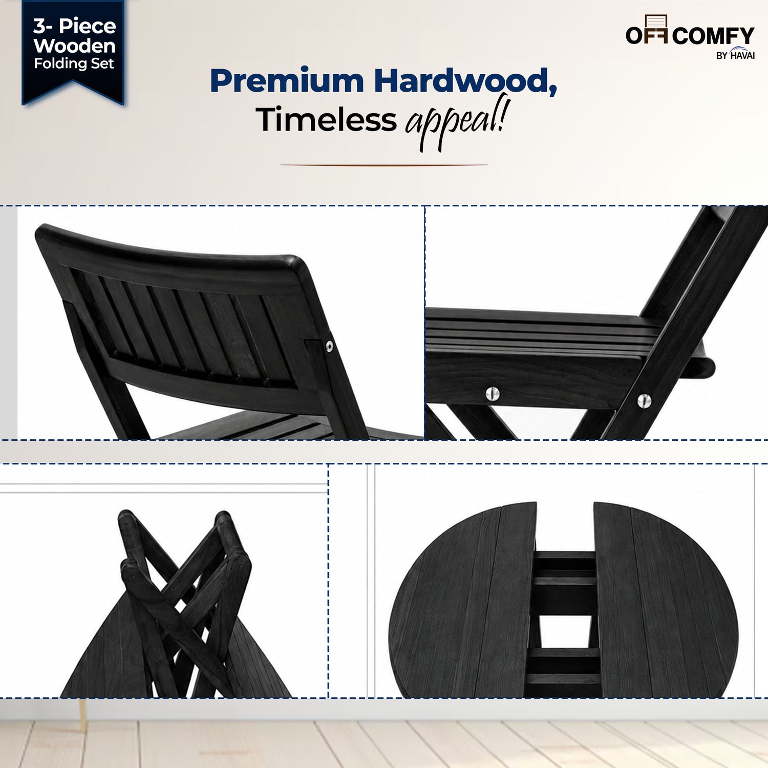 HAVAI Teakwood Foldable Balcony Furniture Set | 2 Chairs &amp; 1 Table | Premium Solid Teak Wood Outdoor Patio Set | Garden, Balcony, Terrace &amp; Cafe Furniture | Pre-Assembled Natural Wood Finish (BLACK)