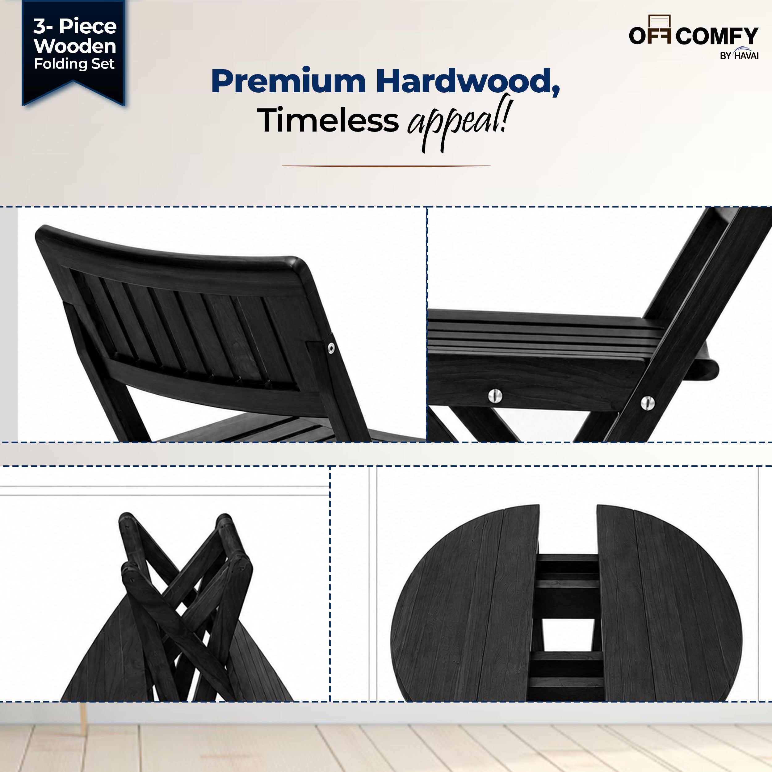 HAVAI Teakwood Foldable Balcony Furniture Set | 2 Chairs &amp; 1 Table | Premium Solid Teak Wood Outdoor Patio Set | Garden, Balcony, Terrace &amp; Cafe Furniture | Pre-Assembled Natural Wood Finish (BLACK)
