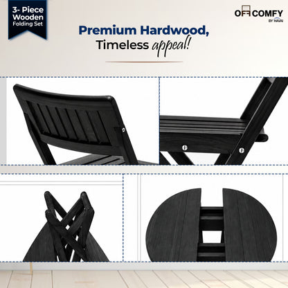 HAVAI Teakwood Foldable Balcony Furniture Set | 2 Chairs &amp; 1 Table | Premium Solid Teak Wood Outdoor Patio Set | Garden, Balcony, Terrace &amp; Cafe Furniture | Pre-Assembled Natural Wood Finish (BLACK)