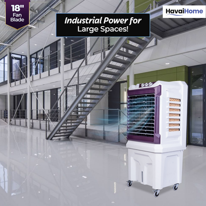 HAVAI Arizona 18 High Airflow Desert Cooler | 18” Metal Fan | 100L Tank | 3500 m³/hr Air Delivery | 30 ft Air Throw | 3-Side Thick Honeycomb Pads | Double Bearing Low-Noise Motor | Castor Wheels | 1-Year On-Site Warranty