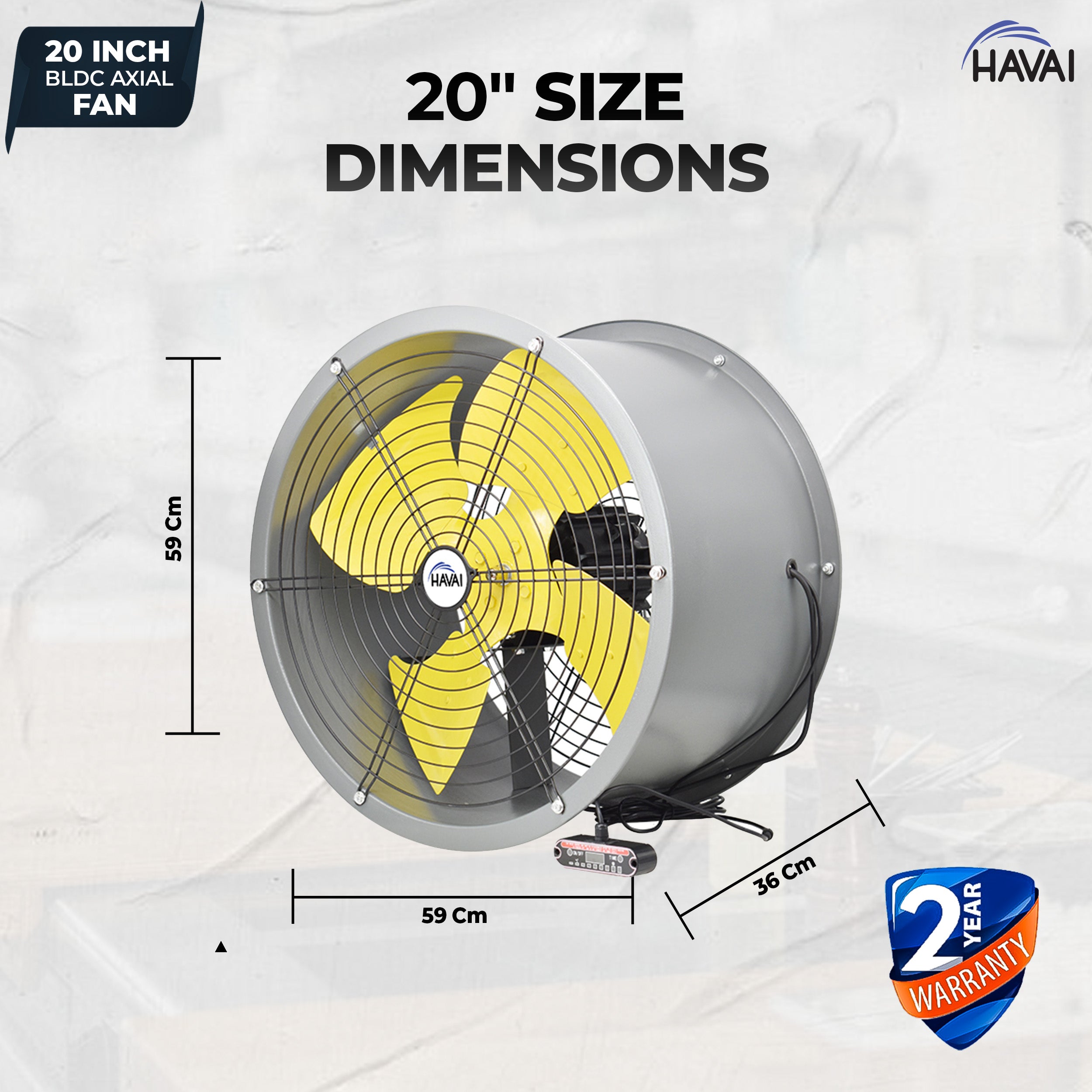HAVAI 20-Inch Heavy Duty BLDC Axial Fan | Maintenance-Free BLDC Motor | 4-Leaf 2mm Aluminium Blades | 9-Speed Digital Controller | 600–13,000 m³/hr | 35W–350W | 2-Year Warranty