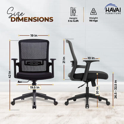 HAVAI Ergolite Mid Back Ergonomic Mesh Office Chair |  One Lock Tilt Mechanism | Fixed Armrests | Nylon Base |  Breathable Mesh Back (Black)