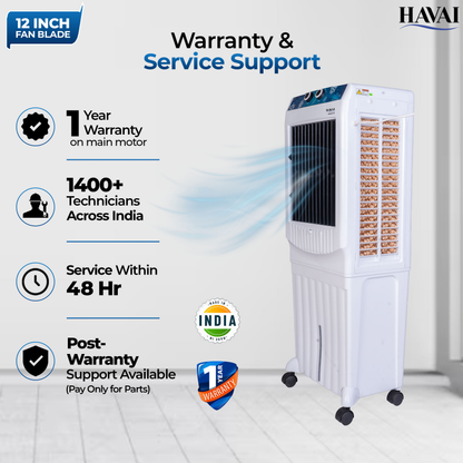 HAVAI Arizona 12 Personal Air Cooler | 12-Inch Fan | 60L Water Tank | Air Throw up to 8 Feet | 2000 m³/hr Air Delivery | 3-Side Honeycomb Pads | Motorised Louvers | Energy Efficient 120W | White