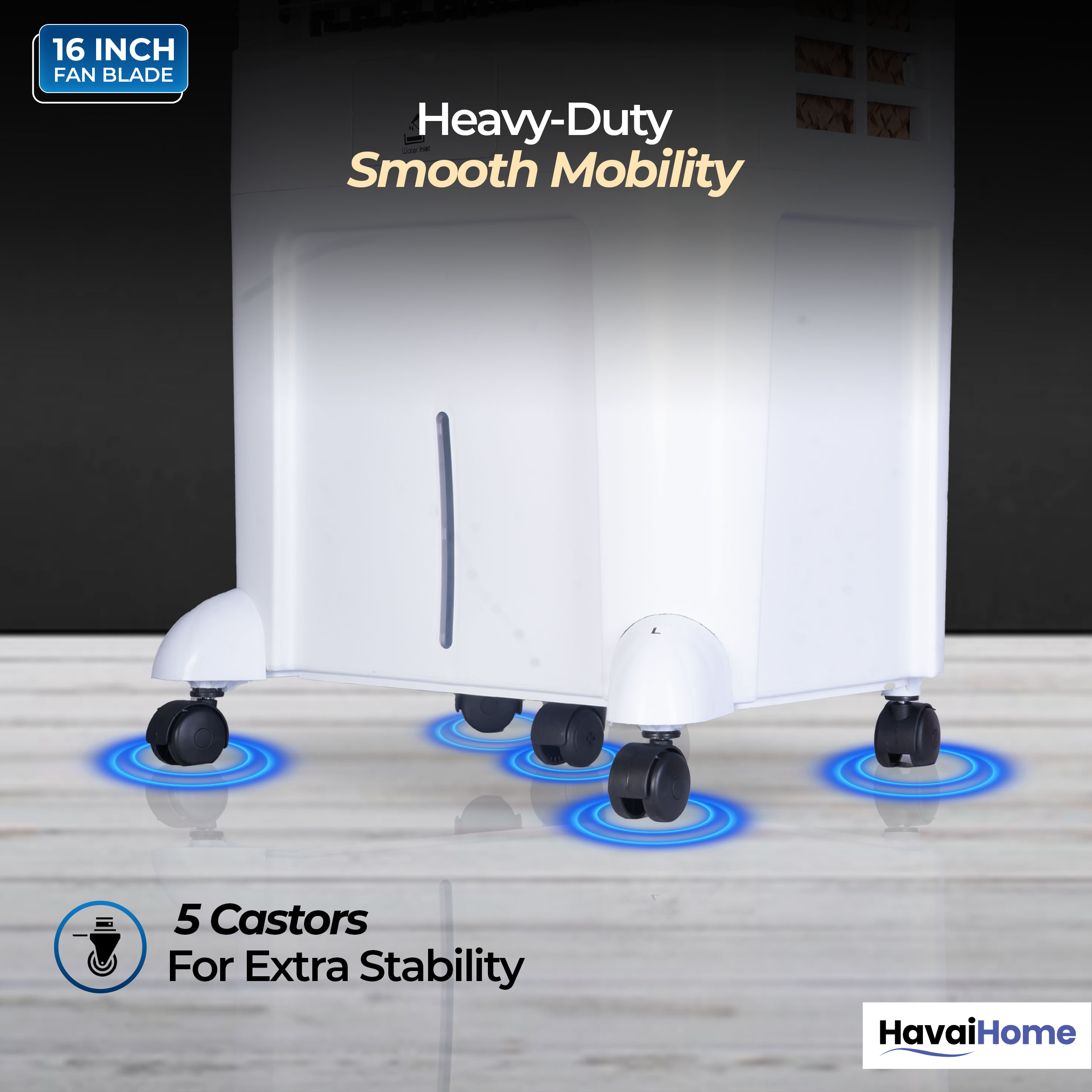 HAVAI Arizona 16 80L Desert Air Cooler with Ice Chamber | 16-Inch Aerodynamic Blade | 3-Side Thick Honeycomb Pads | 5 Castors for Extra Stability | 3300 m³/hr Air Delivery | 20 Ft Air Throw | 1 Year On-Site Warranty