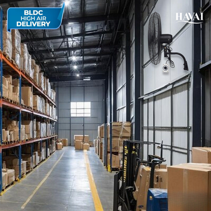 Havai 26" BLDC High-Speed Wall-Mount Fan – 3-Blade Design, Energy Efficient (20W-135W), 700-1400 RPM, 13,500 M³/Hr Airflow, 60-Foot Air Throw, 4-Speed Control, 2-Year Warranty