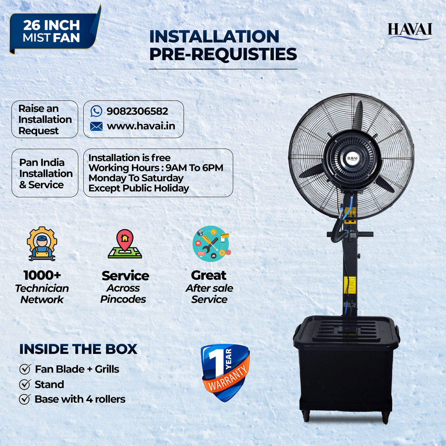 Havai 26″ Commercial Mist Fan, 260W Copper Motor | 10m Spray | Manual Mist Control | Aluminium Blade | Finger-Proof Grill | 41L Tank | Fixed 6ft Height | 48-Hour Installation &amp; 1-Year Warranty