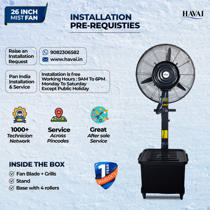 Havai 26″ Commercial Mist Fan, 260W Copper Motor | 10m Spray | Manual Mist Control | Aluminium Blade | Finger-Proof Grill | 41L Tank | Fixed 6ft Height | 48-Hour Installation &amp; 1-Year Warranty
