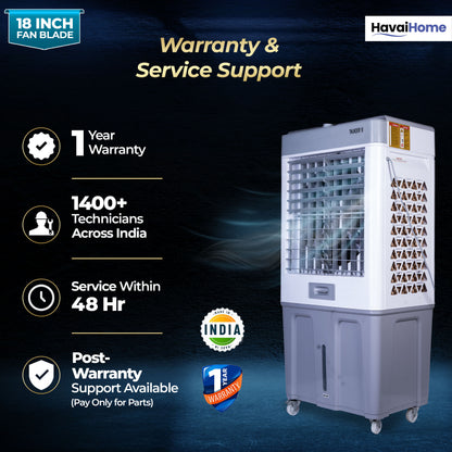 HAVAI Thunder 18 Desert Cooler | 18” Heavy-Duty Aluminium Fan Blade | 110 Dia 35mm Powerful Motor | Auto Swing | 3-Side Honeycomb Pads | 20 Ft Air Throw | 100L Tank | 1-Year Motor Warranty + Post-Warranty Support | White &amp; Grey