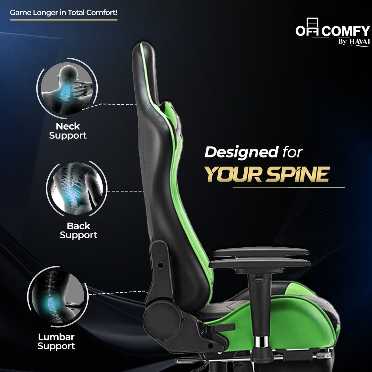 HAVAI Vortex GREEN Gaming Chair | Ergonomic High Back Computer Chair with Linkage Armrests | Reclining &amp; Folding Backrest | Premium 0.55mm PVC Upholstery | High Density Foam Cushion | Class 1 Gas Lift | 320mm Nylon Base | (Green &amp; Black)