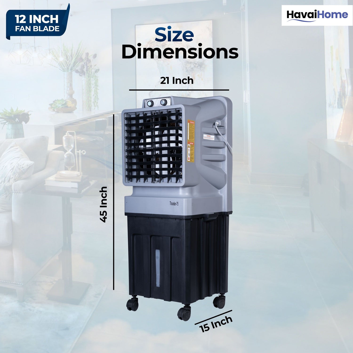 HAVAI Thunder-75 Tower Air Cooler | 70L Tank | 12″ Blade | Ideal for 150 sq ft Rooms | 130W Power | 10 ft Air Throw | 1350 RPM | Auto-Louver | 3-Speed | 1-Year On-Site Motor Warranty (Black &amp; Grey)
