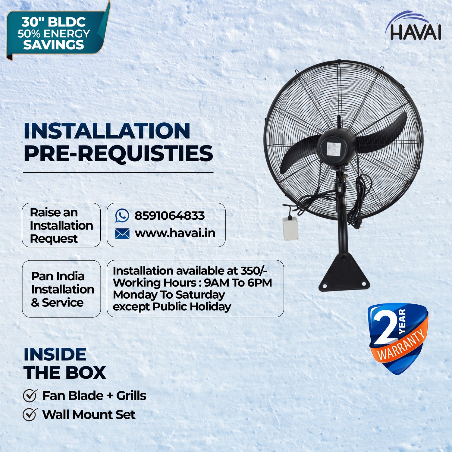 Havai BLDC Wall Mount Fan 30 Inch, 50% Savings On Electricity, High Velocity, Heavy Duty Metal For Industrial, Commercial And Residential Use, Assembly Included , Black
