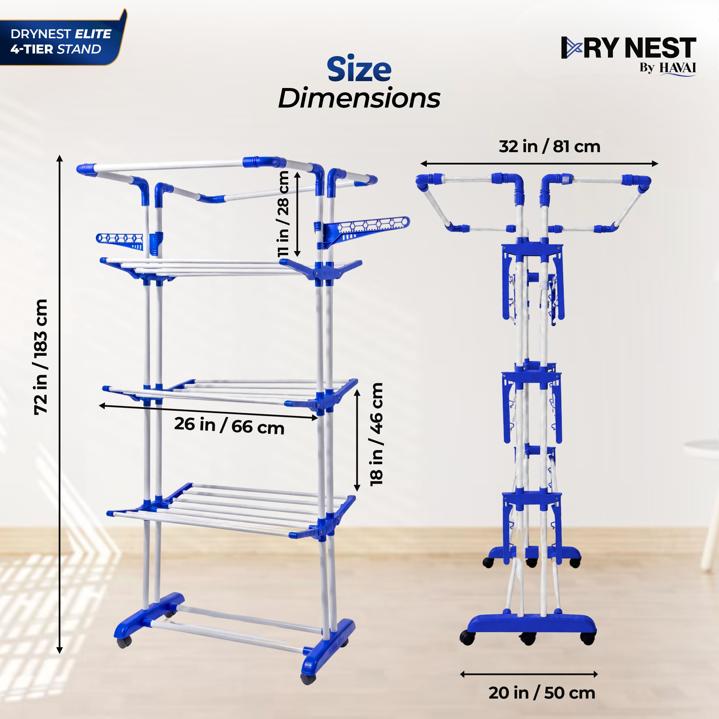 HAVAI Premium 4 Tier Stainless Steel Foldable Clothes Drying Stand with 6 Wheels | Heavy Duty Laundry Drying Rack for Indoor &amp; Outdoor Use | Rust Resistant | Space Saving Design