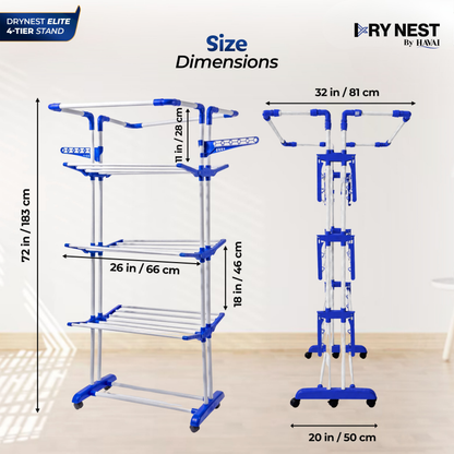 HAVAI Premium 4 Tier Stainless Steel Foldable Clothes Drying Stand with 6 Wheels | Heavy Duty Laundry Drying Rack for Indoor &amp; Outdoor Use | Rust Resistant | Space Saving Design