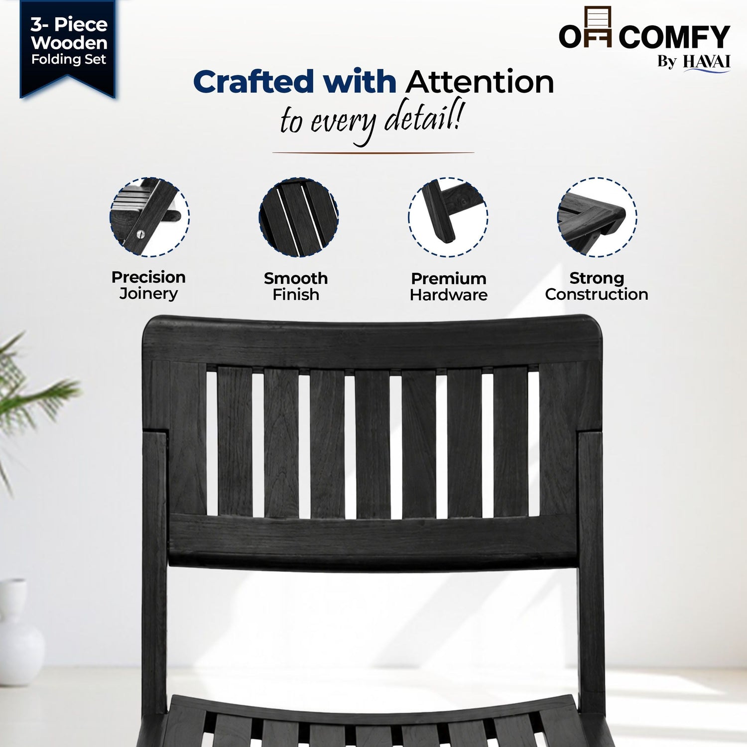 HAVAI Teakwood Foldable Balcony Furniture Set | 2 Chairs &amp; 1 Table | Premium Solid Teak Wood Outdoor Patio Set | Garden, Balcony, Terrace &amp; Cafe Furniture | Pre-Assembled Natural Wood Finish (BLACK)