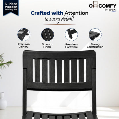 HAVAI Teakwood Foldable Balcony Furniture Set | 2 Chairs &amp; 1 Table | Premium Solid Teak Wood Outdoor Patio Set | Garden, Balcony, Terrace &amp; Cafe Furniture | Pre-Assembled Natural Wood Finish (BLACK)