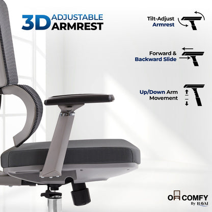 HAVAI Neo High Back Ergonomic Mesh Office Chair |  Multi-Lock Mechanism | Chrome Base | 3D Armrests with PU Pads  | Adjustable Headrest | Breathable Mesh Back (Grey)