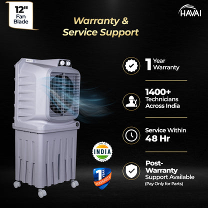 HAVAI Breeze-12 Personal Air Cooler | 50L Tank | 12″ Blade | Ideal for 100 sq ft Rooms | 98W Power | 8 ft Air Throw | 2600 RPM | Auto-Louver | 3-Speed | 1-Year On-Site Warranty (Grey)