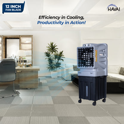 HAVAI Thunder-75 Tower Air Cooler | 70L Tank | 12″ Blade | Ideal for 150 sq ft Rooms | 130W Power | 10 ft Air Throw | 1350 RPM | Auto-Louver | 3-Speed | 1-Year On-Site Motor Warranty (Black &amp; Grey)