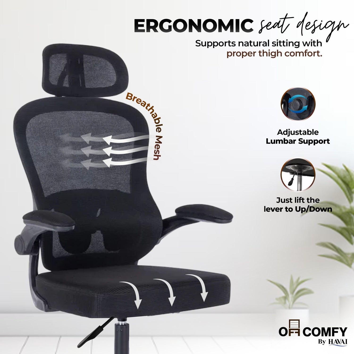 HAVAI LUMA BLACK Ergonomic Mesh Office Chair | Mid Back | Breathable Net Fabric | Height Adjustable | Class 2 Gas Lift | Nylon Base | Smooth Wheels | WFH &amp; Office (BLACK)