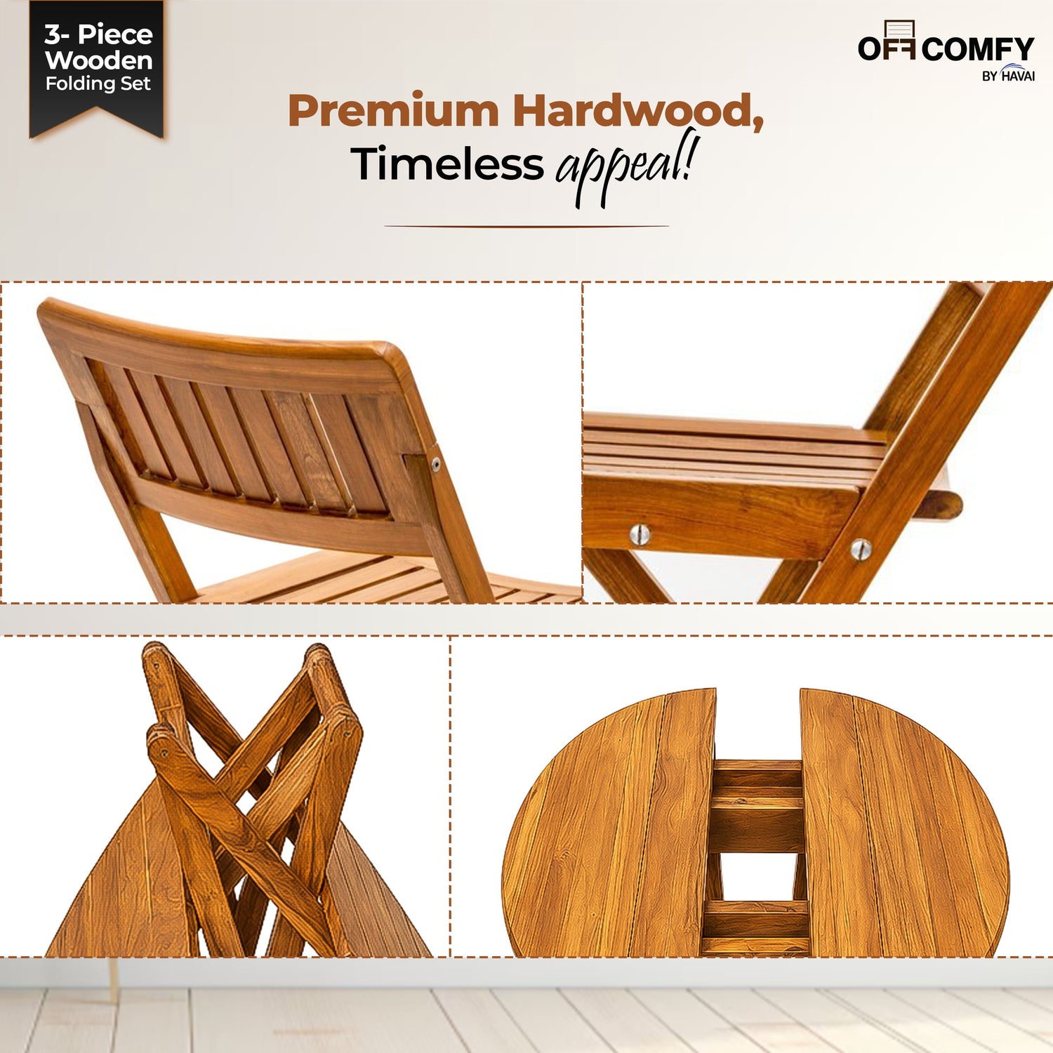 HAVAI Teakwood Foldable Balcony Furniture Set | 2 Chairs &amp; 1 Table | Premium Solid Teak Wood Outdoor Patio Set | Garden, Balcony, Terrace &amp; Cafe Furniture | Pre-Assembled Natural Wood Finish (BROWN)
