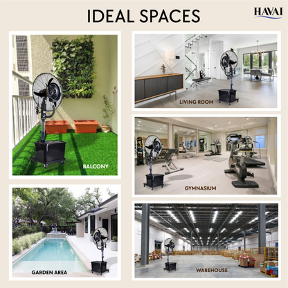 Havai 26″ Commercial Mist Fan with Adjustable Height Rod, 260W Copper Motor | 10m Spray | Manual Mist Control | Aluminium Blade | Finger-Proof Grill | 41L Tank | Fixed 6ft Height | 48-Hour Installation &amp; 1-Year Warranty