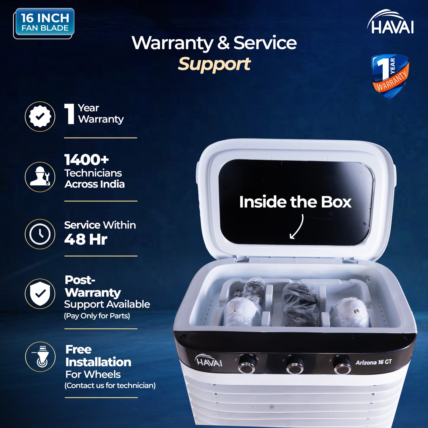 HAVAI Arizona 16 GT Desert Air Cooler | 80L Tank | 16” Aerodynamic Fan | 3-Side Thick Honeycomb | Glass Top with Ice Chamber | Smart Dust-Filter Inlet | 5 Castors | 3300 m³/hr | 1 Year On-Site Warranty