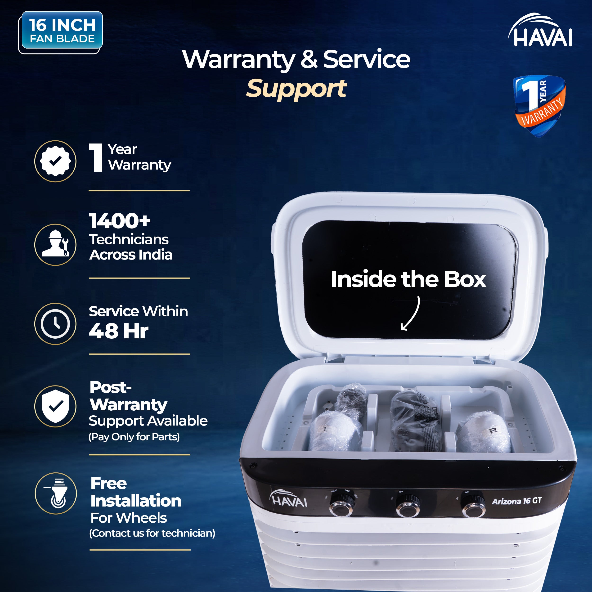 HAVAI Arizona 16 GT Desert Air Cooler | 80L Tank | 16” Aerodynamic Fan | 3-Side Thick Honeycomb | Glass Top with Ice Chamber | Smart Dust-Filter Inlet | 5 Castors | 3300 m³/hr | 1 Year On-Site Warranty