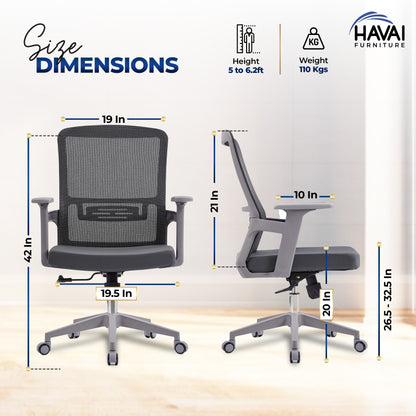 HAVAI Ergolite Mid Back Ergonomic Mesh Office Chair |  One Lock Tilt Mechanism | Fixed Armrests | Nylon Base |  Breathable Mesh Back (Grey)