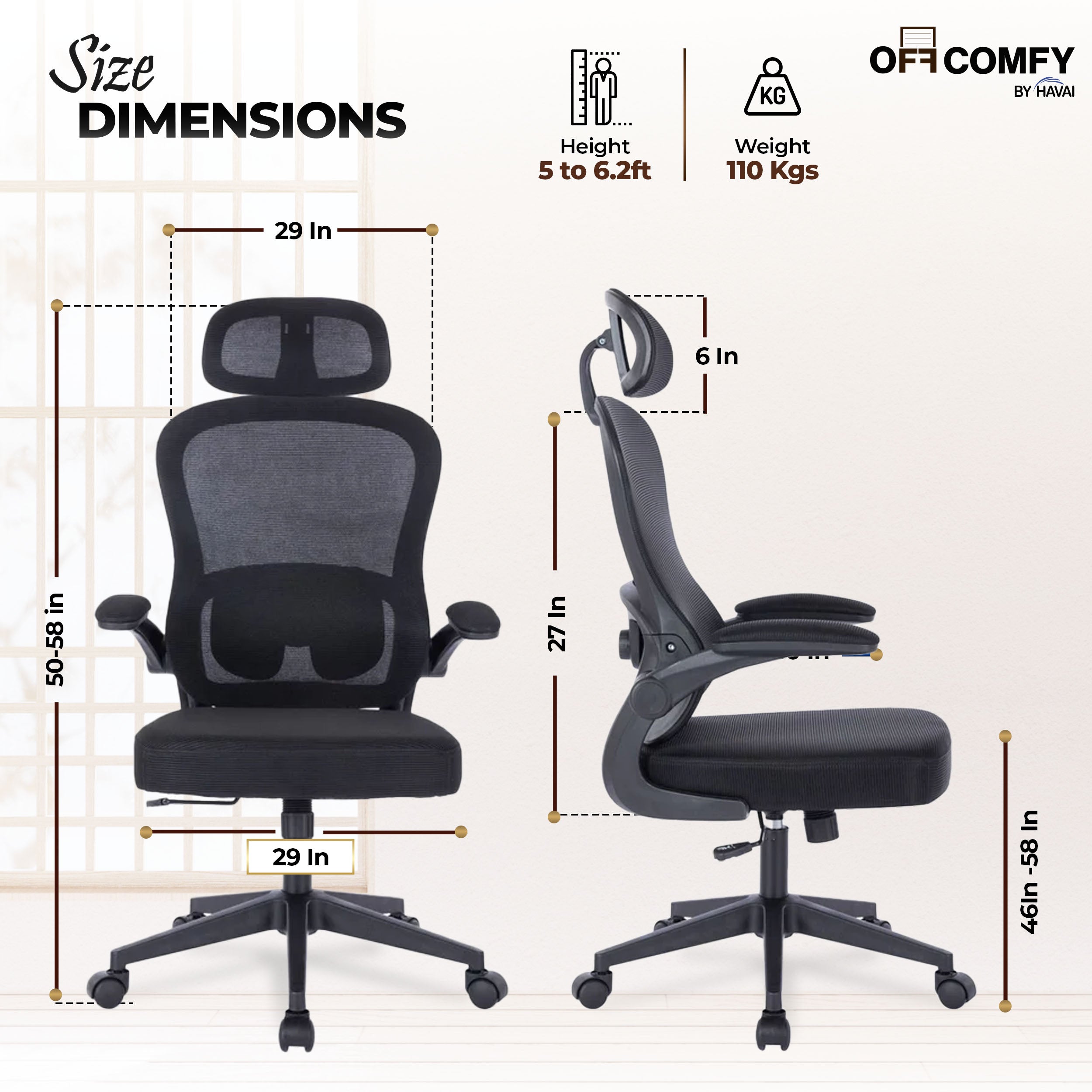 HAVAI LUMA BLACK Ergonomic Mesh Office Chair | Mid Back | Breathable Net Fabric | Reclining | Height Adjustable | Class 2 Gas Lift | Nylon Base | Smooth Wheels | WFH &amp; Office (BLACK)