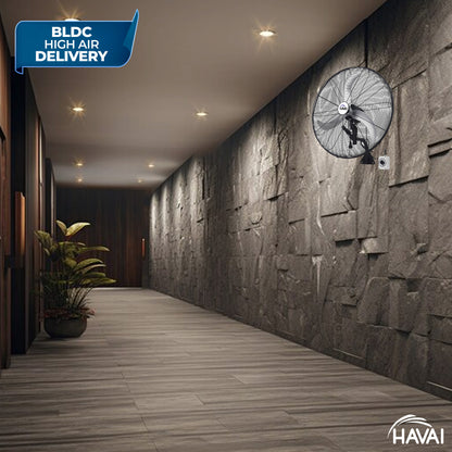 HAVAI 20&quot; BLDC High-Speed Wall-Mount Fan – 3-Blade Design, Energy Efficient (20W-120W), 700-1400 RPM, 11,000 M³/Hr Airflow, 45-Foot Air Throw, 4-Speed Control, 2-Year Warranty