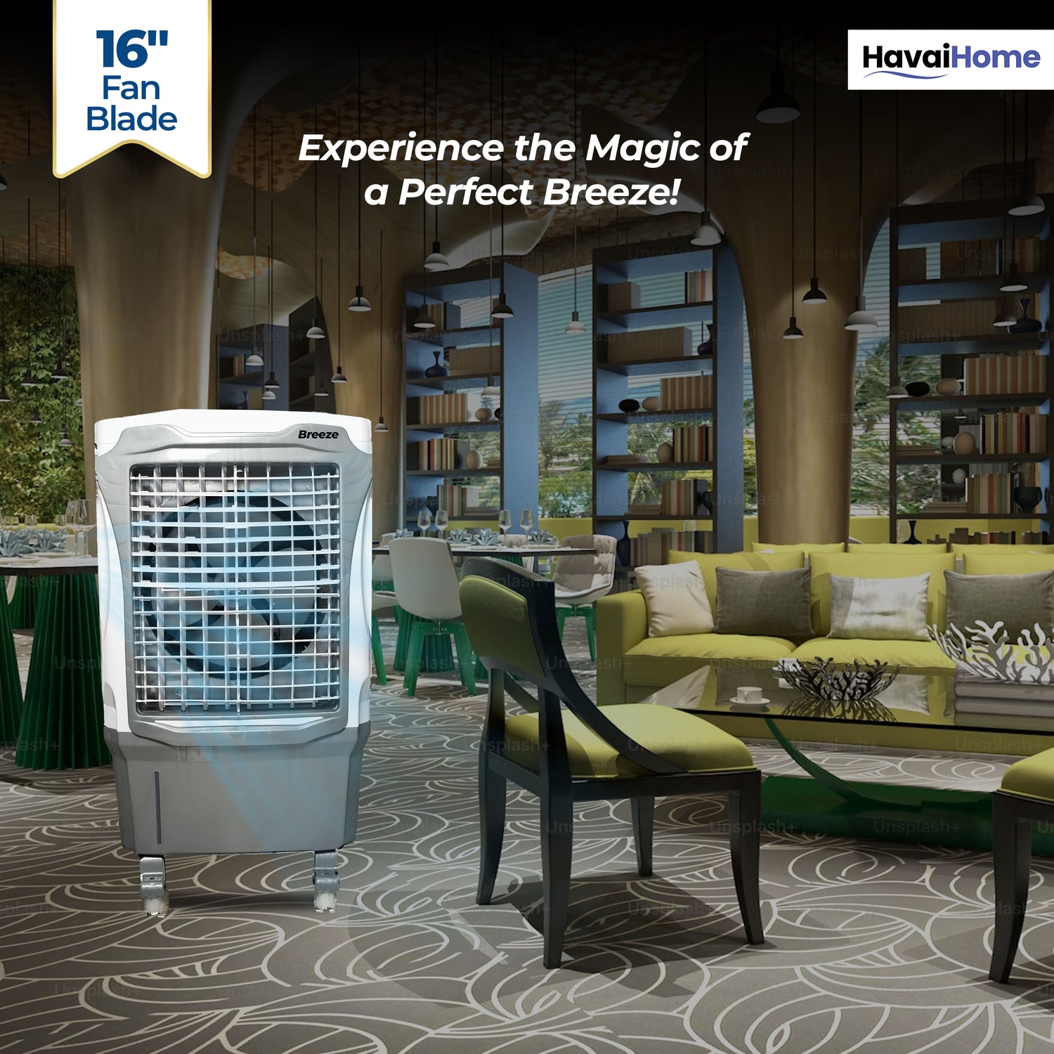 Breeze 60L Desert Air Cooler | 16" Fan Blade | 60L Tank Capacity | 500 Sq. Ft. Coverage | Auto Swing | Back Honeycomb Pads | White &amp; Grey