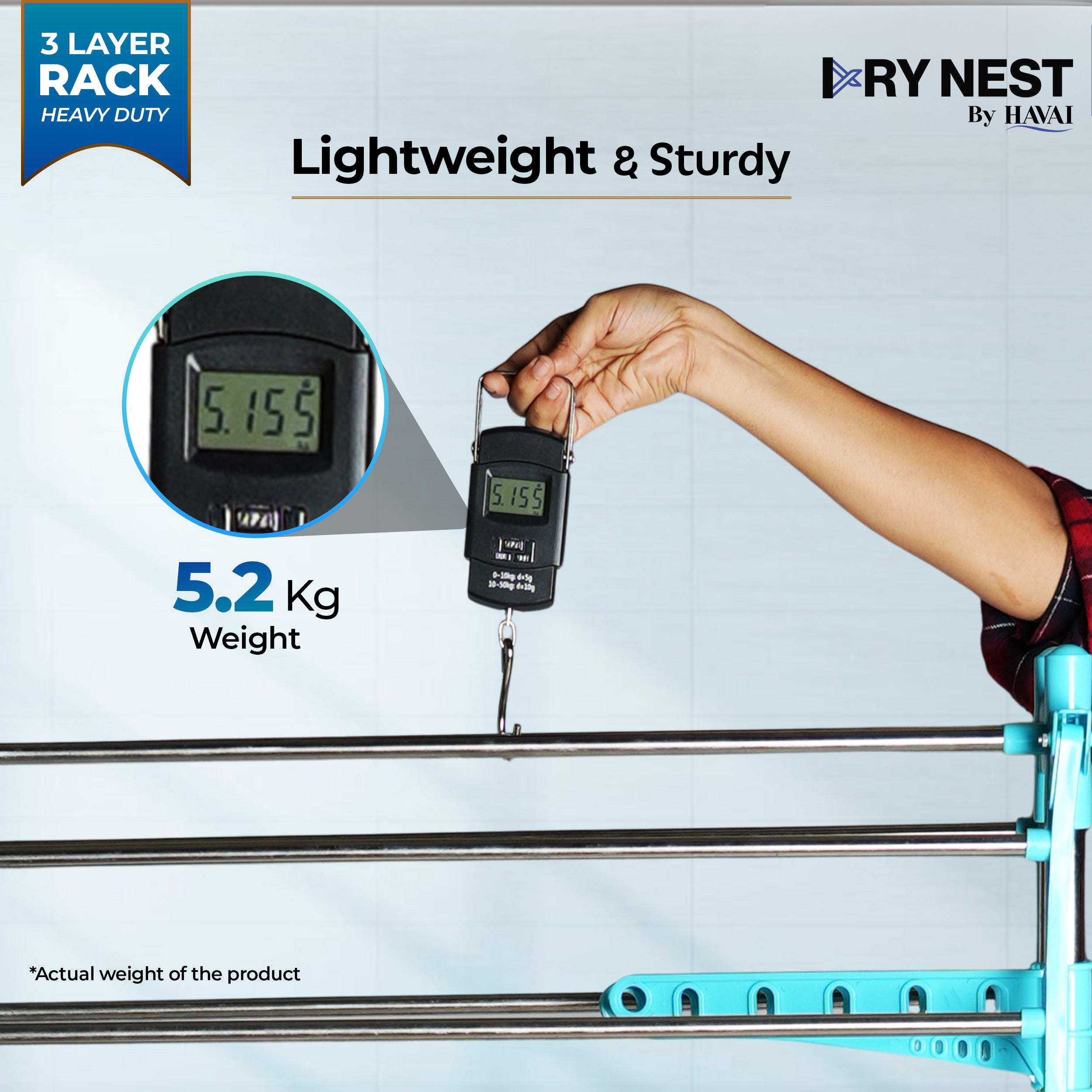 HAVAI DryNest 5.2 KG Premium Clothes Drying Stand with Wheels | Heavy-Duty Rust-Free Steel &amp; Strong Steel Rods | 3-Layer Foldable Jumbo Rack | Portable &amp; Balcony-Friendly