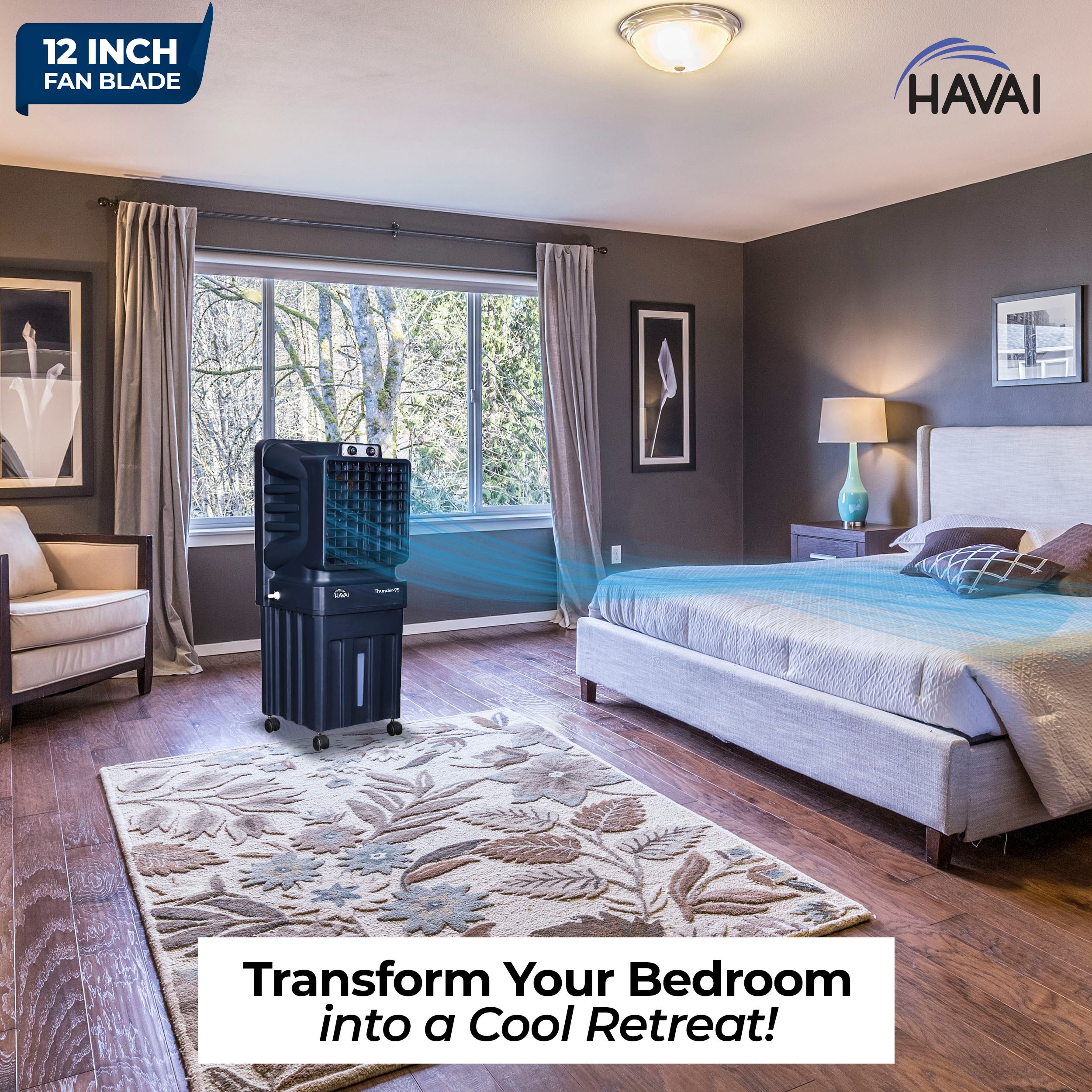 HAVAI Thunder-75 Tower Air Cooler | 70L Tank | 12″ Blade | Ideal for 150 sq ft Rooms | 130W Power | 10 ft Air Throw | 1350 RPM | Auto-Louver | 3-Speed | 1-Year On-Site Motor Warranty (Black)