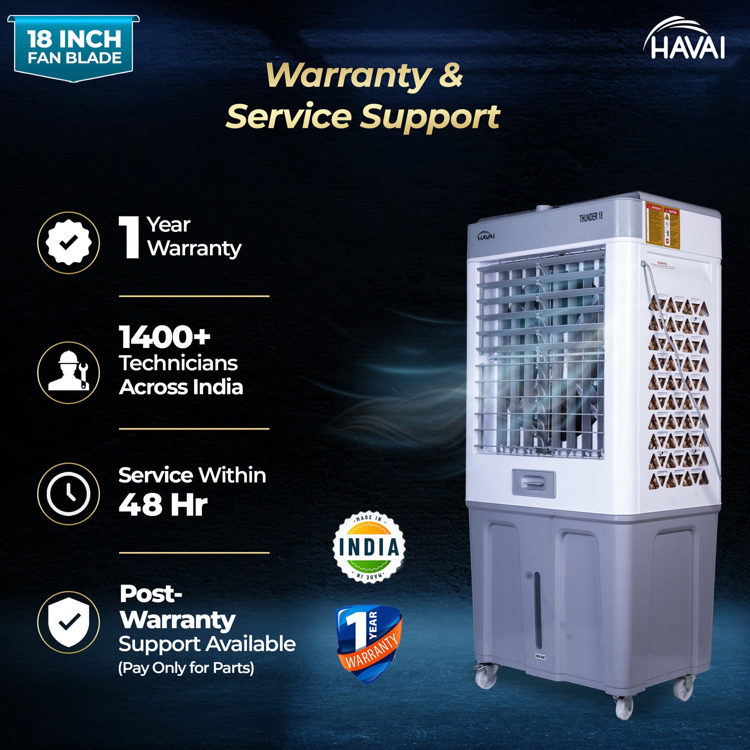 HAVAI Thunder 18 Desert Cooler | 18” Heavy-Duty Aluminium Fan Blade | 110 Dia 35mm Powerful Motor | Auto Swing | 3-Side Honeycomb Pads | 20 Ft Air Throw | 100L Tank | 1-Year Motor Warranty + Post-Warranty Support | White &amp; Grey