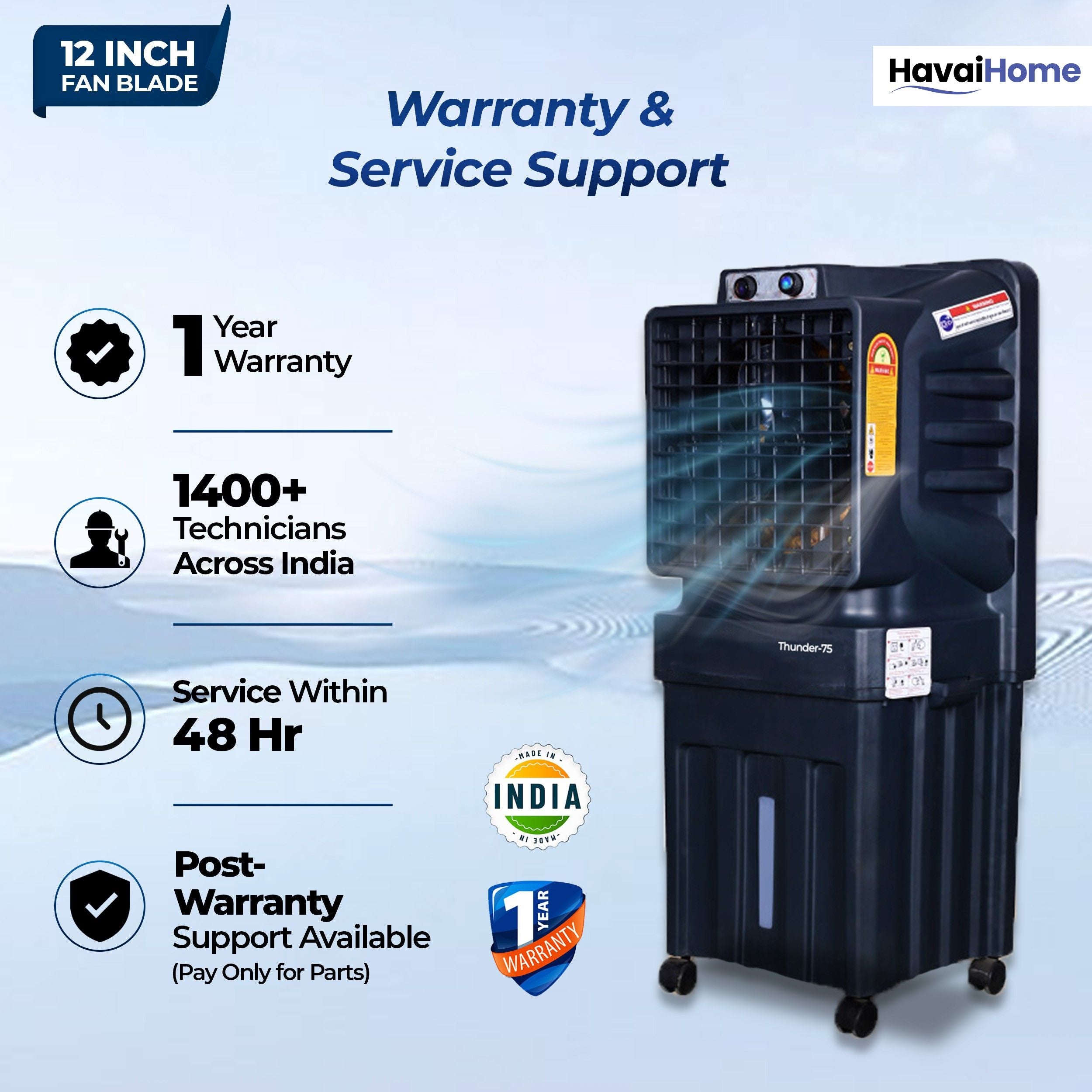 Thunder-75 Tower Air Cooler | 70L Tank | 12″ Blade | Ideal for 150 sq ft Rooms | 130W Power | 10 ft Air Throw | 1350 RPM | Auto-Louver | 3-Speed | 1-Year On-Site Motor Warranty (Black)