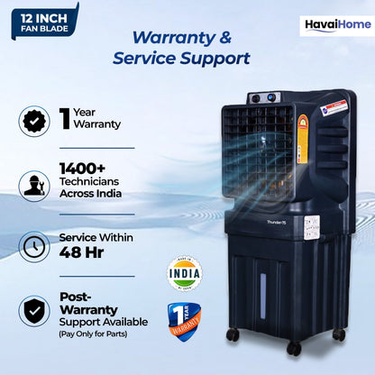 Thunder-75 Tower Air Cooler | 70L Tank | 12″ Blade | Ideal for 150 sq ft Rooms | 130W Power | 10 ft Air Throw | 1350 RPM | Auto-Louver | 3-Speed | 1-Year On-Site Motor Warranty (Black)