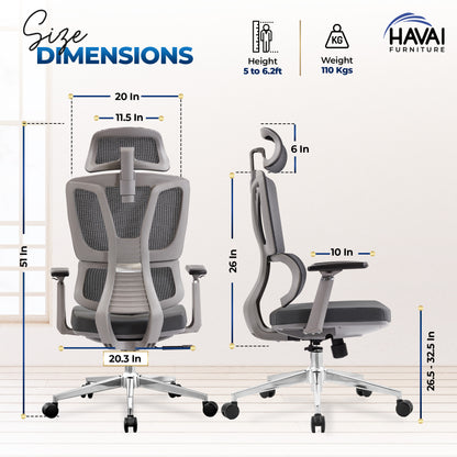 HAVAI Flexi High Back Black Mesh Ergonomic Office Chair |  Multi-Lock Synchro Tilt | Aluminium Base | Class 4 Gaslift | Seat Slider | 3D Adjustable Armrests | 50mm Casters | Premium Mesh Back &amp; Fabric Seat(Grey)