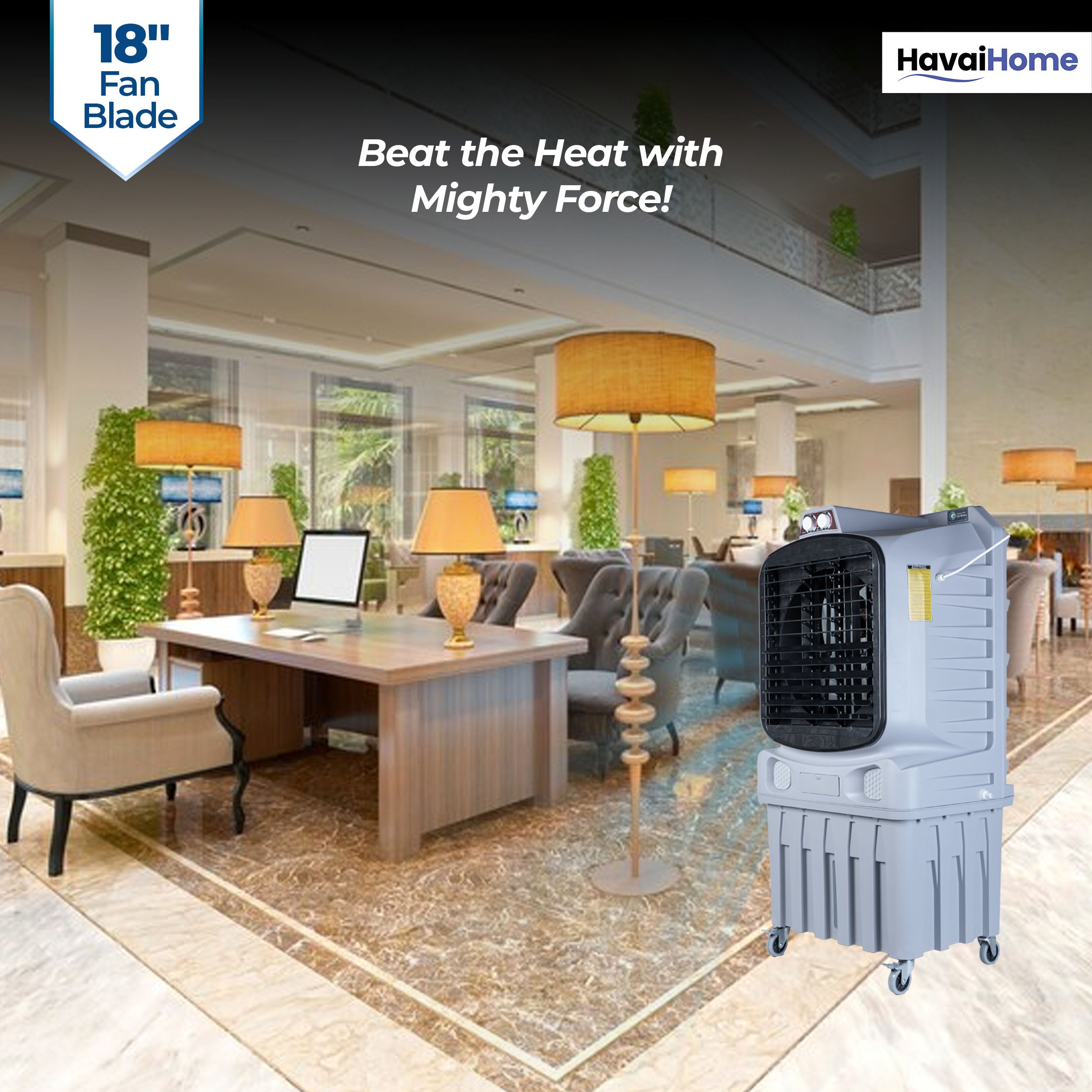 Mighty 18" Air Cooler | 18 Inch Blade | 110L Tank Capacity | 210W Power | 600 Sqft Coverage | Auto Swing | Back Honeycomb | Clockwise | Lockable Wheels