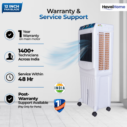 HAVAI Arizona 12 Personal Air Cooler | 12-Inch Fan | 60L Water Tank | Air Throw up to 8 Feet | 2000 m³/hr Air Delivery | 3-Side Honeycomb Pads | Motorised Louvers | Energy Efficient 120W | White